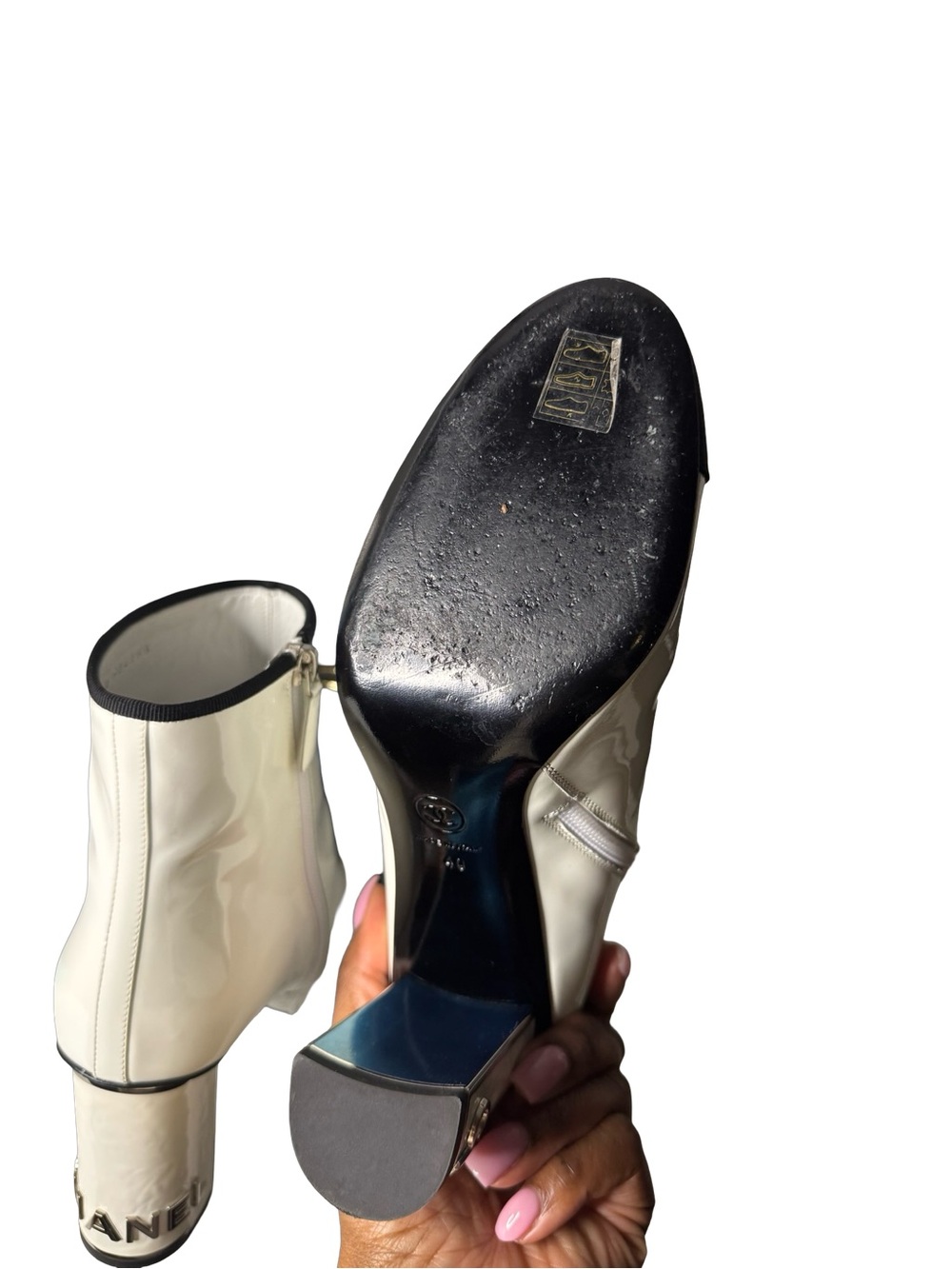CHANEL White Patent Leather Ankle Boots with Black Cap Toe - Picture 5 of 6